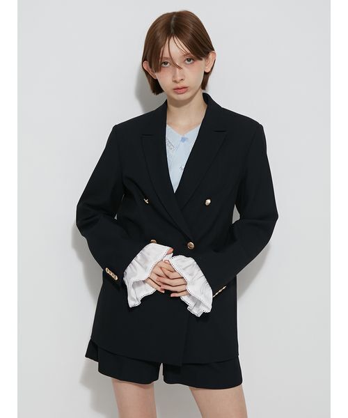 FURFUR(ファーファー)の「2WAYフリルカフスダブルブレストジャケット(テーラードジャケット・レディース・ネイビー/チェック・F)」の2枚目の写真