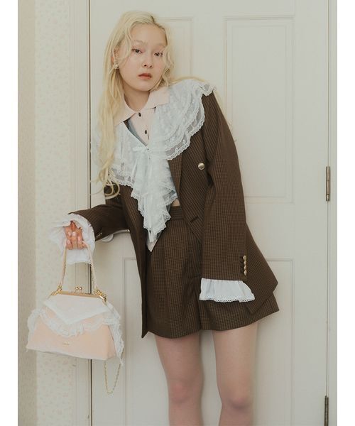 FURFUR(ファーファー)の「2WAYフリルカフスダブルブレストジャケット(テーラードジャケット・レディース・ネイビー/チェック・F)」の3枚目の写真