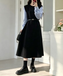 バイカラーレイヤード風長袖ワンピース