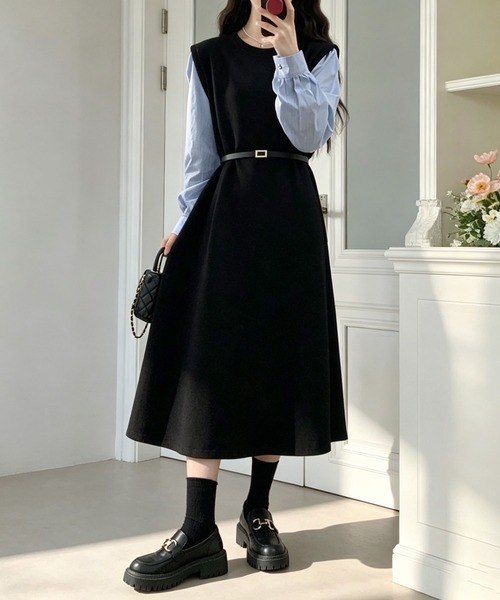 &soiree(アンドソワレ)の「バイカラーレイヤード風長袖ワンピース(ワンピース・レディース・ブラック・X-LARGE/LARGE/MEDIUM)」の1枚目の写真