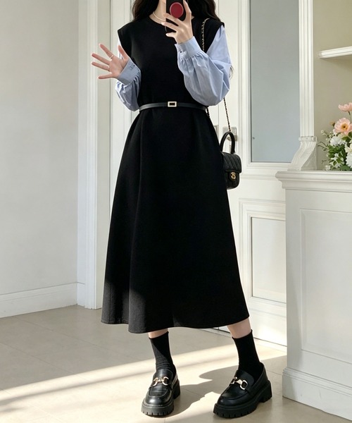 &soiree(アンドソワレ)の「バイカラーレイヤード風長袖ワンピース(ワンピース・レディース・ブラック・X-LARGE/LARGE/MEDIUM)」の2枚目の写真