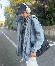 ☆レイヤード風 フード付き オーバーサイズ デニムシャツ
