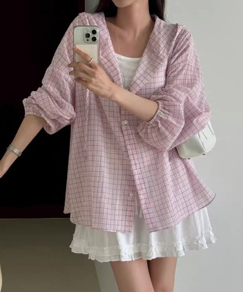 FAVORITO(ファヴォリート)の「フード付きチェック柄シャツ(その他トップス・レディース・ピンク/ブルー・F)」の2枚目の写真