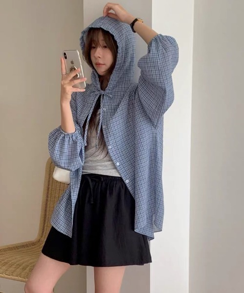 FAVORITO(ファヴォリート)の「フード付きチェック柄シャツ(その他トップス・レディース・ピンク/ブルー・F)」の5枚目の写真