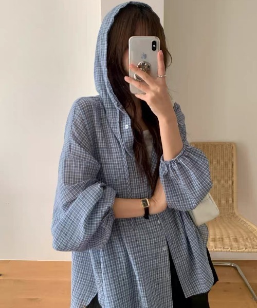 FAVORITO(ファヴォリート)の「フード付きチェック柄シャツ(その他トップス・レディース・ピンク/ブルー・F)」の3枚目の写真