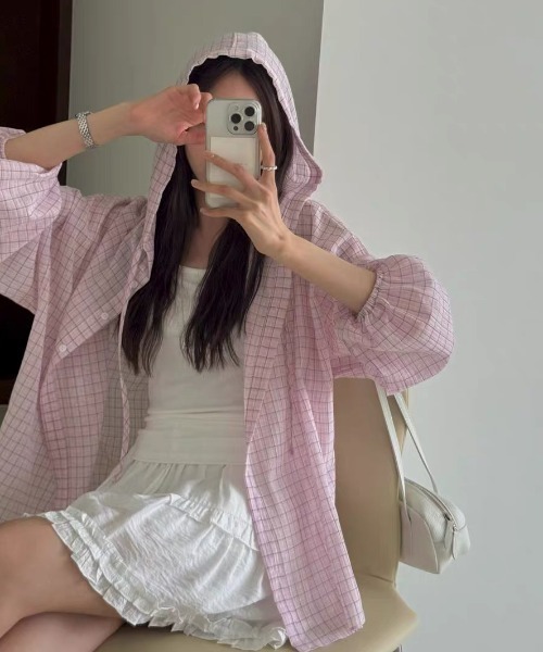 FAVORITO(ファヴォリート)の「フード付きチェック柄シャツ(その他トップス・レディース・ピンク/ブルー・F)」の10枚目の写真