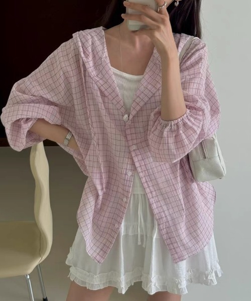 FAVORITO(ファヴォリート)の「フード付きチェック柄シャツ(その他トップス・レディース・ピンク/ブルー・F)」の8枚目の写真