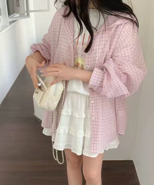 FAVORITO(ファヴォリート)の「フード付きチェック柄シャツ(その他トップス・レディース・ピンク/ブルー・F)」の9枚目の写真