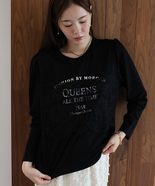 J by blue(ジェイバイブルー)の「ロングスリーブレースドッキングロゴTシャツ(Tシャツ/カットソー・レディース・ホワイト/ブラック・MEDIUM)」の6枚目の写真