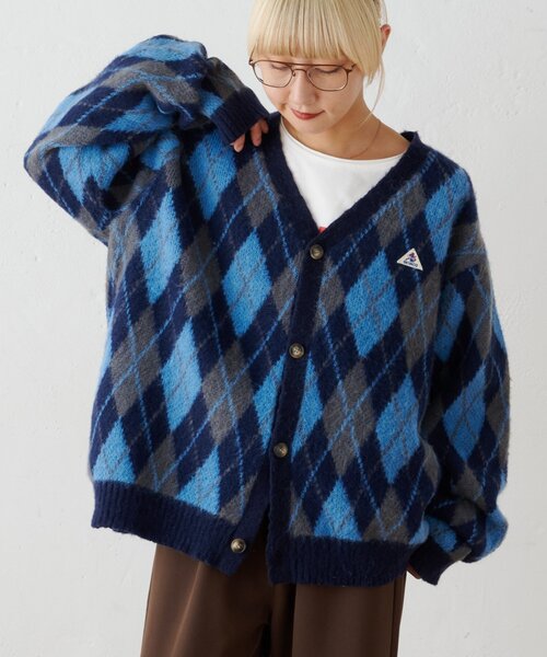 GEVACO(ゲバコ)の「【GEVACO】アーガイル柄シャギーニットカーデ(カーディガン/ボレロ・メンズ・イエロー/ネイビー・MEDIUM/LARGE)」の1枚目の写真