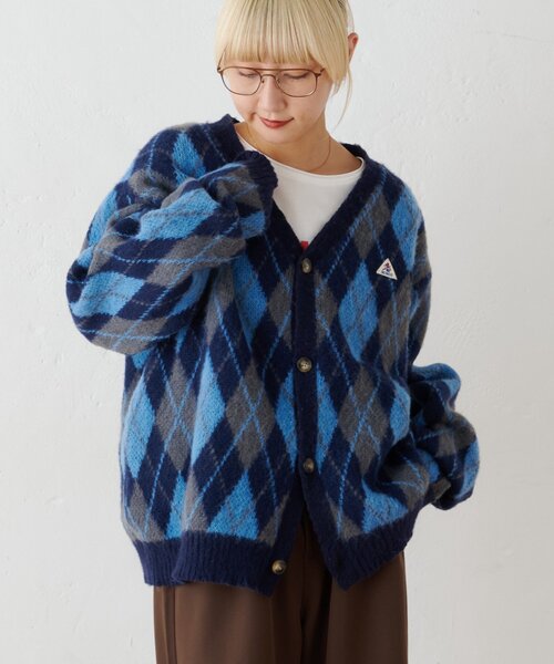 GEVACO(ゲバコ)の「【GEVACO】アーガイル柄シャギーニットカーデ(カーディガン/ボレロ・メンズ・イエロー/ネイビー・MEDIUM/LARGE)」の3枚目の写真