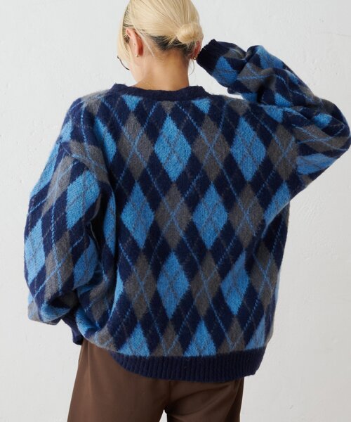 GEVACO(ゲバコ)の「【GEVACO】アーガイル柄シャギーニットカーデ(カーディガン/ボレロ・メンズ・イエロー/ネイビー・MEDIUM/LARGE)」の5枚目の写真