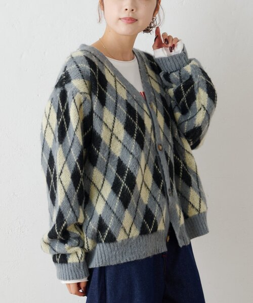 GEVACO(ゲバコ)の「【GEVACO】アーガイル柄シャギーニットカーデ(カーディガン/ボレロ・メンズ・イエロー/ネイビー・MEDIUM/LARGE)」の14枚目の写真
