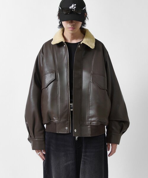 Lui's(ルイス)の「【Neucon】SHERPA COLLAR VOLUME A-2 BLOUSON / 2WAY襟ボアボリュームレザーA2ブルゾン / ジャケット(ブルゾン・メンズ・ブラック/ダークブラウン・1/2)」の4枚目の写真
