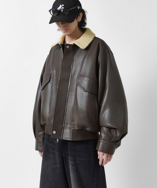Lui's(ルイス)の「【Neucon】SHERPA COLLAR VOLUME A-2 BLOUSON / 2WAY襟ボアボリュームレザーA2ブルゾン / ジャケット(ブルゾン・メンズ・ブラック/ダークブラウン・1/2)」の5枚目の写真
