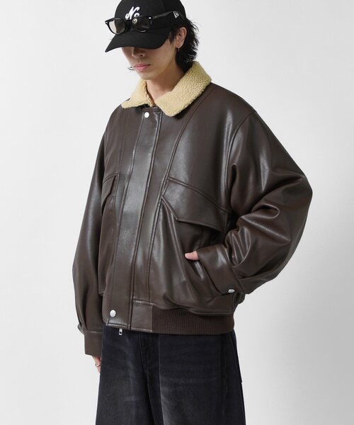 Lui's(ルイス)の「【Neucon】SHERPA COLLAR VOLUME A-2 BLOUSON / 2WAY襟ボアボリュームレザーA2ブルゾン / ジャケット(ブルゾン・メンズ・ブラック/ダークブラウン・1/2)」の8枚目の写真
