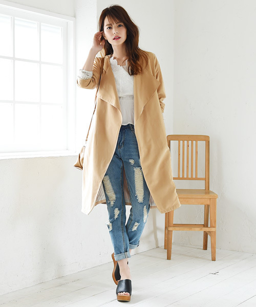 Luz Llena (philter)（ラズレナ　フィルター）の「ノーカラー・ロングトレンチコート（トレンチコート・レディース・ベージュ/グレイッシュベージュ/スモークピンク・LARGE/MEDIUM）」の17枚目の写真