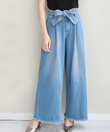 REAL CUBE | REAL CUBE ステッチリボン付フリンジワイドデニム(デニムパンツ)