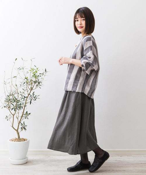 Avec des tenue(アヴェックデトゥニュ)の「【Avec des tunue/アヴェック デ トゥニュ】ボリュームキャンディスリーブ ストライプブラウス 1-10015 KDU(シャツ/ブラウス・レディース・ベージュ/ネイビー・FREE)」の1枚目の写真