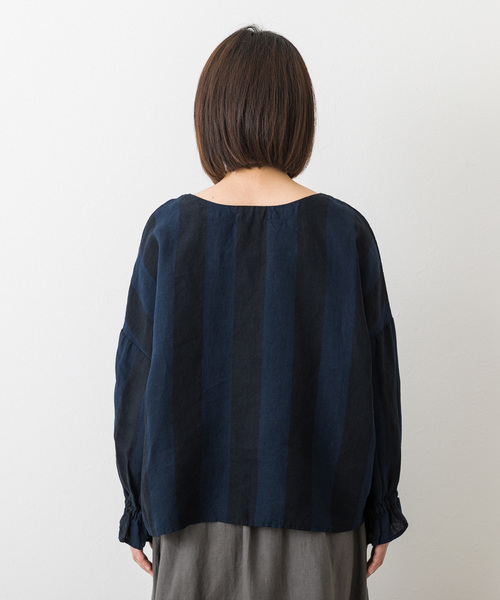 Avec des tenue(アヴェックデトゥニュ)の「【Avec des tunue/アヴェック デ トゥニュ】ボリュームキャンディスリーブ ストライプブラウス 1-10015 KDU(シャツ/ブラウス・レディース・ベージュ/ネイビー・FREE)」の6枚目の写真