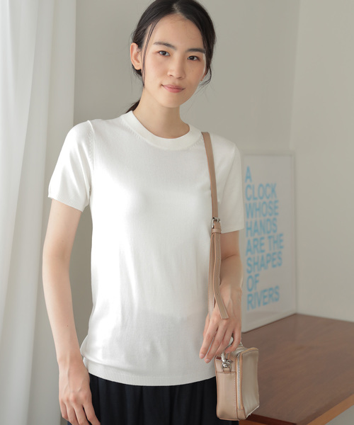 AMERICAN HOLIC（アメリカンホリック）の「クルーネック半袖ニットプルオーバー＊（ニット/セーター・レディース・ブラック系その他4/ピンク/イエロー/ブルー/その他7/ブラック/ベージュ/オフホワイト・L/M）」の2枚目の写真