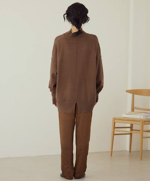 【ゑとらんぜ】体を包み込むようなゆったりとしたサイジングとふんわり素材で軽く暖かい ガーター編みハイネック長袖 ニット forksy.】ハイネックダメージ加工リンキングプルオーバーニット