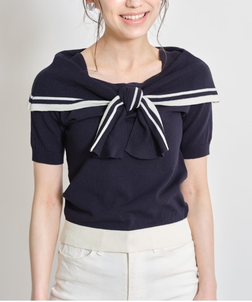 tocco closet（トッコ　クローゼット）の「配色ライン入りオフショル風ボウタイニットプルオーバー（ニット/セーター・レディース・ホワイト/ネイビー/ピンクベージュ・M）」の3枚目の写真