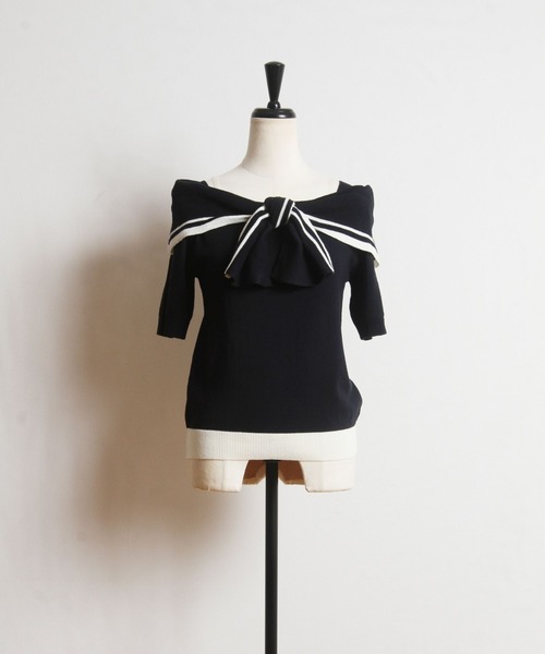 tocco closet（トッコ　クローゼット）の「配色ライン入りオフショル風ボウタイニットプルオーバー（ニット/セーター・レディース・ホワイト/ネイビー/ピンクベージュ・M）」の19枚目の写真