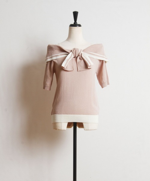 tocco closet（トッコ　クローゼット）の「配色ライン入りオフショル風ボウタイニットプルオーバー（ニット/セーター・レディース・ホワイト/ネイビー/ピンクベージュ・M）」の13枚目の写真