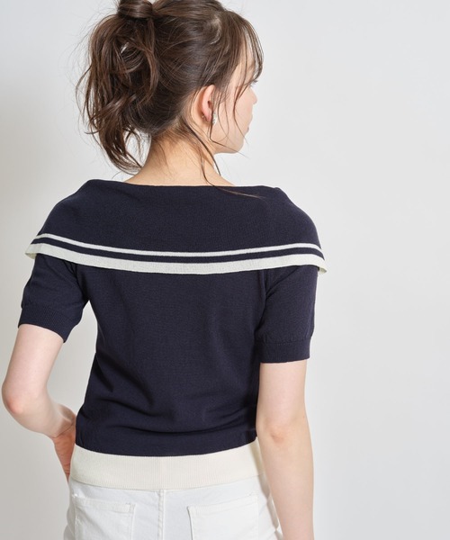 tocco closet（トッコ　クローゼット）の「配色ライン入りオフショル風ボウタイニットプルオーバー（ニット/セーター・レディース・ホワイト/ネイビー/ピンクベージュ・M）」の15枚目の写真