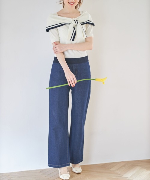 tocco closet（トッコ　クローゼット）の「配色ライン入りオフショル風ボウタイニットプルオーバー（ニット/セーター・レディース・ホワイト/ネイビー/ピンクベージュ・M）」の21枚目の写真