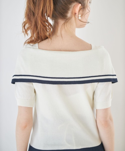 tocco closet（トッコ　クローゼット）の「配色ライン入りオフショル風ボウタイニットプルオーバー（ニット/セーター・レディース・ホワイト/ネイビー/ピンクベージュ・M）」の7枚目の写真