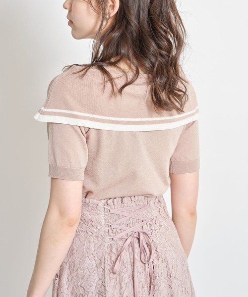 tocco closet（トッコ　クローゼット）の「配色ライン入りオフショル風ボウタイニットプルオーバー（ニット/セーター・レディース・ホワイト/ネイビー/ピンクベージュ・M）」の10枚目の写真