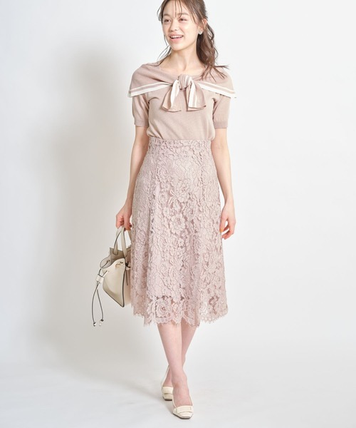 tocco closet（トッコ　クローゼット）の「配色ライン入りオフショル風ボウタイニットプルオーバー（ニット/セーター・レディース・ホワイト/ネイビー/ピンクベージュ・M）」の16枚目の写真