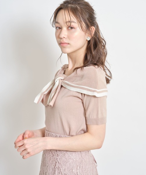tocco closet（トッコ　クローゼット）の「配色ライン入りオフショル風ボウタイニットプルオーバー（ニット/セーター・レディース・ホワイト/ネイビー/ピンクベージュ・M）」の22枚目の写真