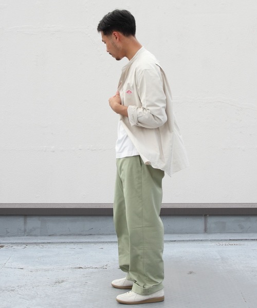 DANTON ダントン バンドカラー スタンドカラー シャツ長袖 カーキ  40 jd-3607sox-1r.jpg