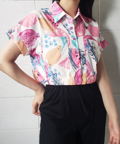 me+em select(ミームセレクト)の「ビッグポケットアソートショート柄シャツ【数量限定】(シャツ/ブラウス・レディース・ホワイト/ピンク/グレー/パープル・FREE)」の6枚目の写真