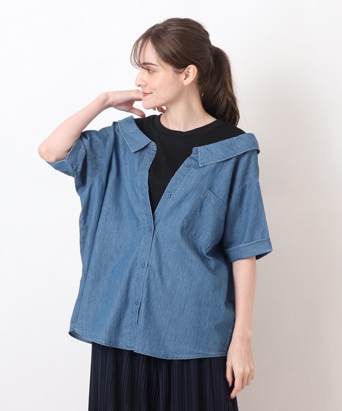 Cutie Blonde(キューティーブロンド)の「◆【S-L】フェイクレイヤードブラウス(Tシャツ/カットソー・レディース・ライトブルー/サックスブルー/ブルー・01/02/03)」の1枚目の写真