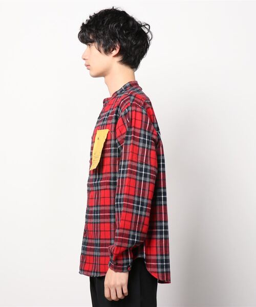 KATO`(カトー)の「KATO'/カトー スタンドカラーチェックシャツ(シャツ/ブラウス・メンズ・ベージュ/レッド・MEDIUM/LARGE/X-LARGE)」の3枚目の写真