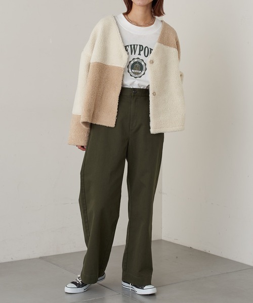 CIAOPANIC TYPY（チャオパニックティピー）の「ノーカラー切替ボアジャケット（ノーカラージャケット・レディース・ブラック/ブラウン/アイボリー・ONE SIZE）」の11枚目の写真