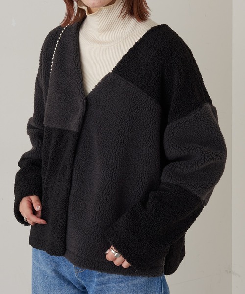 CIAOPANIC TYPY（チャオパニックティピー）の「ノーカラー切替ボアジャケット（ノーカラージャケット・レディース・ブラック/ブラウン/アイボリー・ONE SIZE）」の18枚目の写真