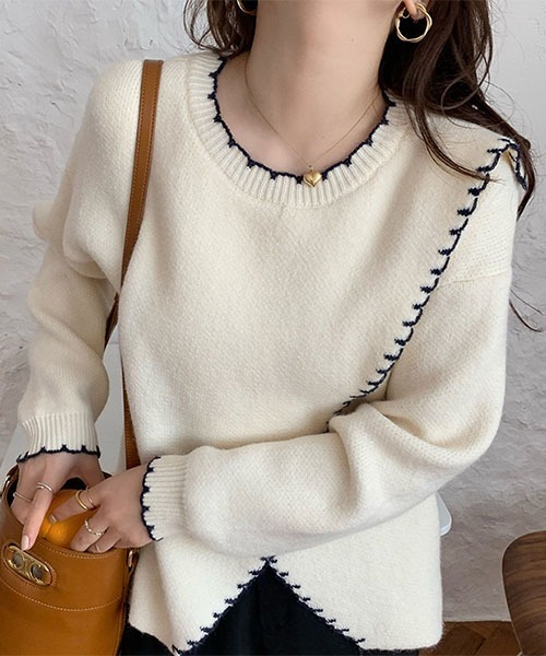 VIBGYOR Women(ヴィブジョー ウィメン)の「【KOREA SELECT】トリムステッチニット(ニット/セーター・レディース・ベージュ/オフホワイト・FREE)」の1枚目の写真
