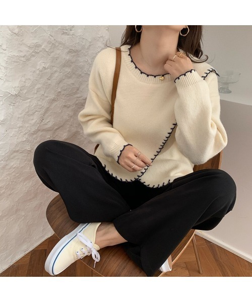 VIBGYOR Women(ヴィブジョー ウィメン)の「【KOREA SELECT】トリムステッチニット(ニット/セーター・レディース・ベージュ/オフホワイト・FREE)」の13枚目の写真