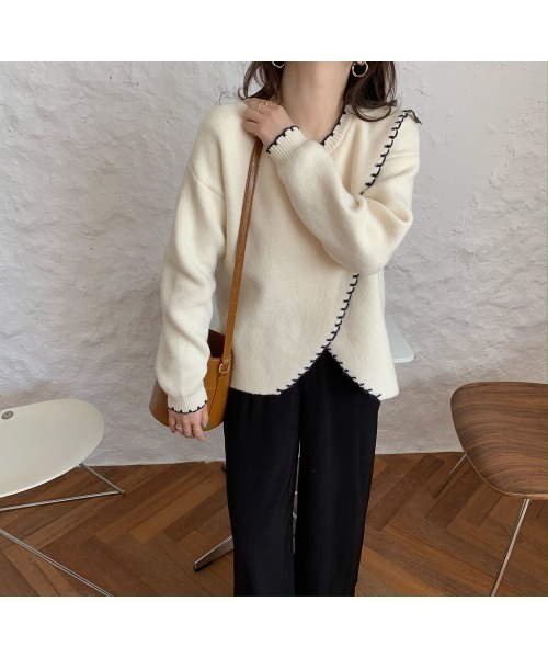 VIBGYOR Women(ヴィブジョー ウィメン)の「【KOREA SELECT】トリムステッチニット(ニット/セーター・レディース・ベージュ/オフホワイト・FREE)」の11枚目の写真