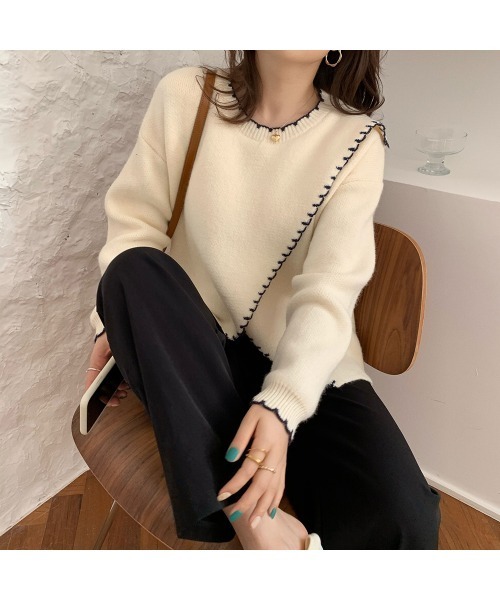 VIBGYOR Women(ヴィブジョー ウィメン)の「【KOREA SELECT】トリムステッチニット(ニット/セーター・レディース・ベージュ/オフホワイト・FREE)」の3枚目の写真