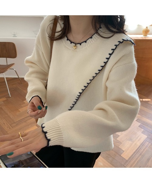 VIBGYOR Women(ヴィブジョー ウィメン)の「【KOREA SELECT】トリムステッチニット(ニット/セーター・レディース・ベージュ/オフホワイト・FREE)」の6枚目の写真