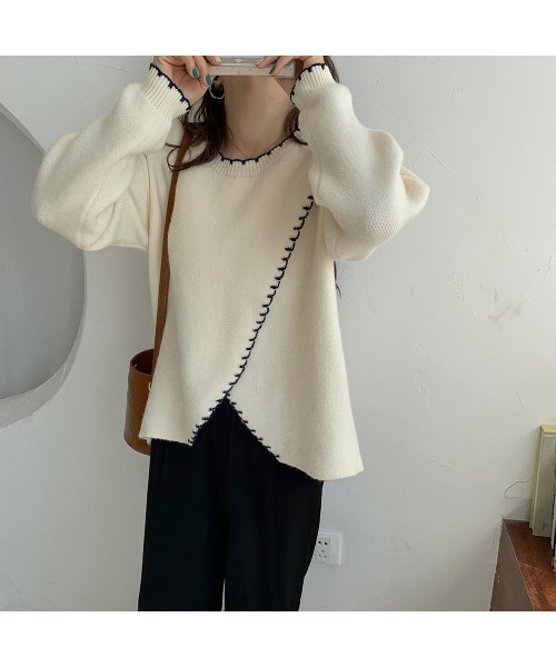 VIBGYOR Women(ヴィブジョー ウィメン)の「【KOREA SELECT】トリムステッチニット(ニット/セーター・レディース・ベージュ/オフホワイト・FREE)」の5枚目の写真