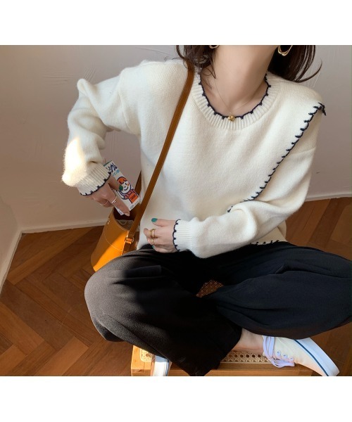 VIBGYOR Women(ヴィブジョー ウィメン)の「【KOREA SELECT】トリムステッチニット(ニット/セーター・レディース・ベージュ/オフホワイト・FREE)」の9枚目の写真