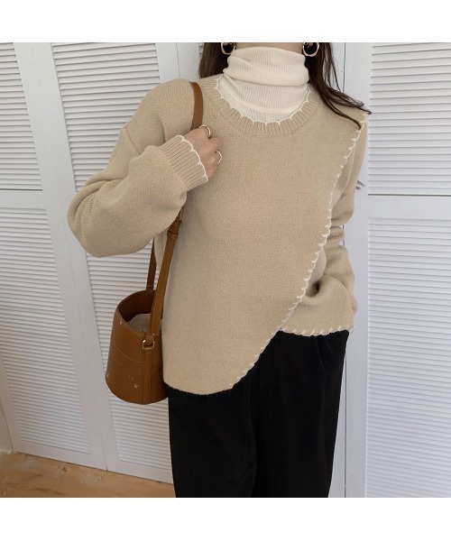 VIBGYOR Women(ヴィブジョー ウィメン)の「【KOREA SELECT】トリムステッチニット(ニット/セーター・レディース・ベージュ/オフホワイト・FREE)」の7枚目の写真