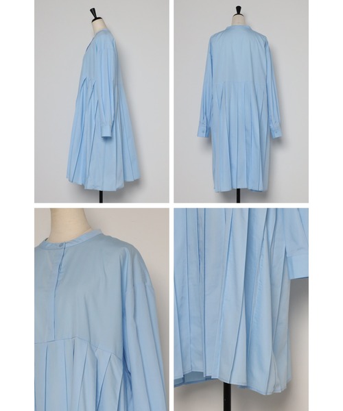 Bonjour Sagan(ボンジュールサガン)の「プリーツ切替バンドカラーチュニック(チュニック・レディース・ホワイト/ブルー・FREE)」の4枚目の写真